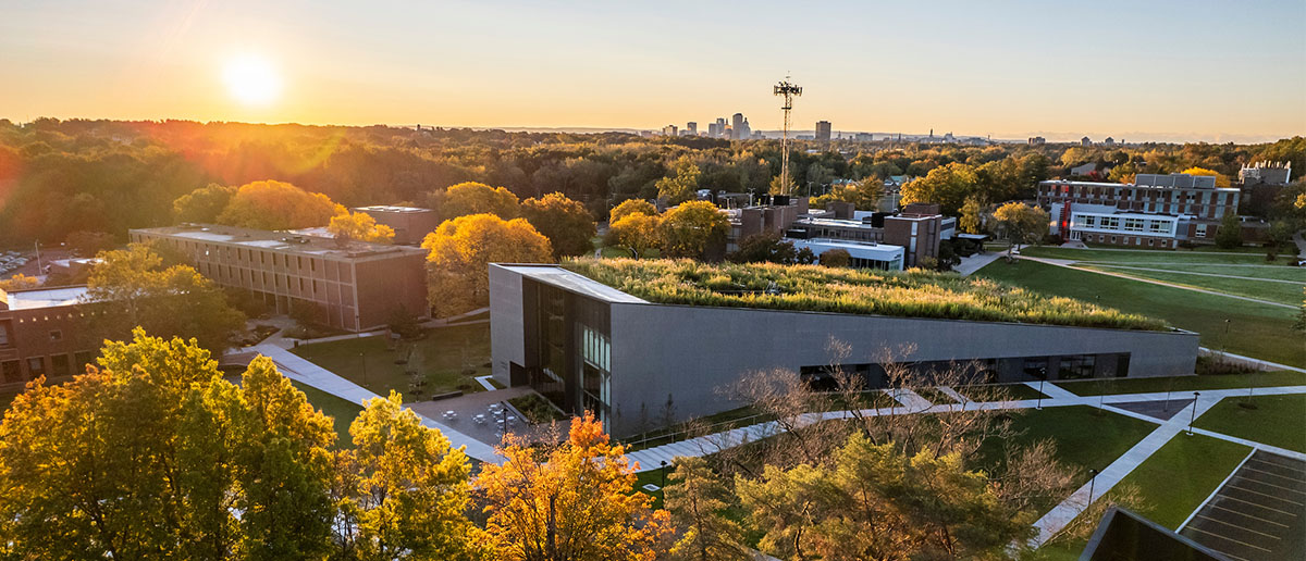 Aerial view of the Hursey Center at sunset, home of the ARAI Lab